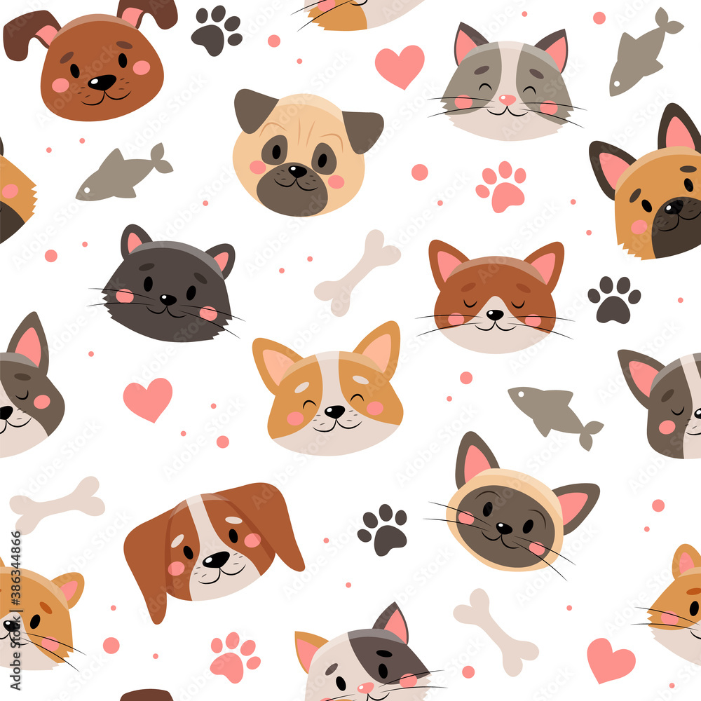 Obraz premium Cute pets pattern, different cats and dogs