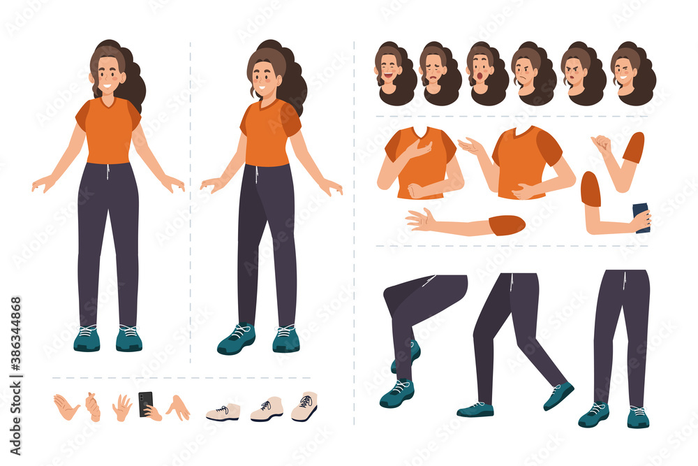 Woman cartoon character for motion design with facial expressions, hand ...
