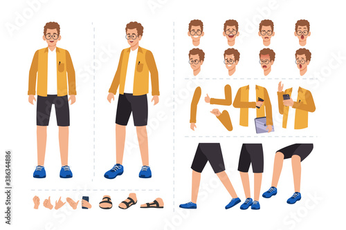 Boy cartoon character with various facial expressions, hand gestures, body and leg movement. Cartoon character for motion animation