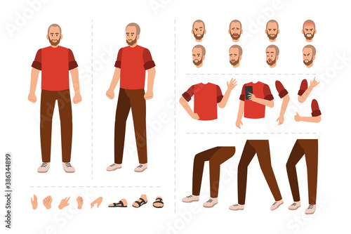 Man character with various facial expressions, hand gestures, body and leg movement. Cartoon character for motion animation
