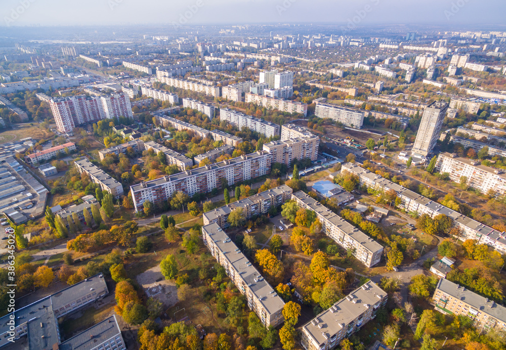 Autumn aerial view to residential area Saltivka in Kharkiv