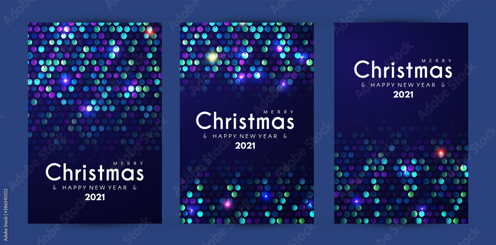 Merry Christmas and Happy New Yaer flyer template set with shining sequind, bokeh and light effect