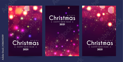 Merry Christmas and Happy New Yaer flyer template set with shining bokeh and light effect