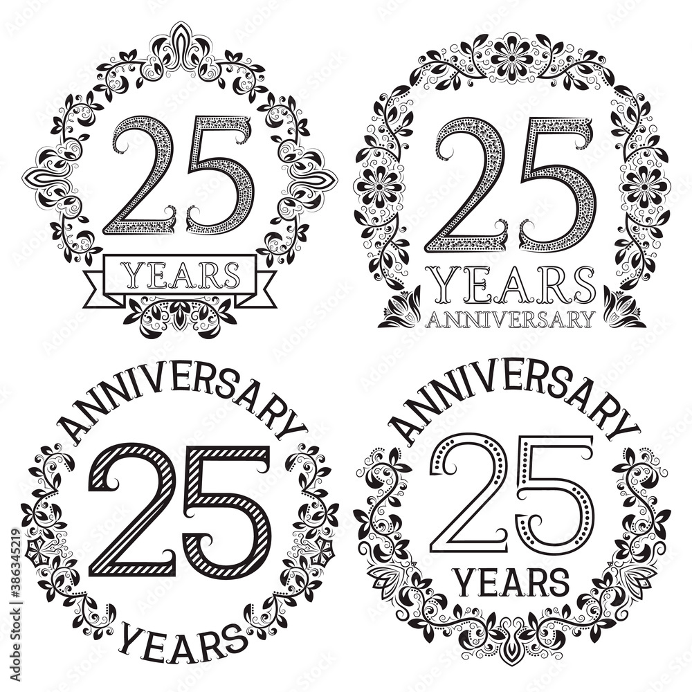 Twenty fifth anniversary emblems set. Patterned celebration signs in vintage style. Twenty fifth anniversary emblems set. Patterned celebration signs in vintage style.