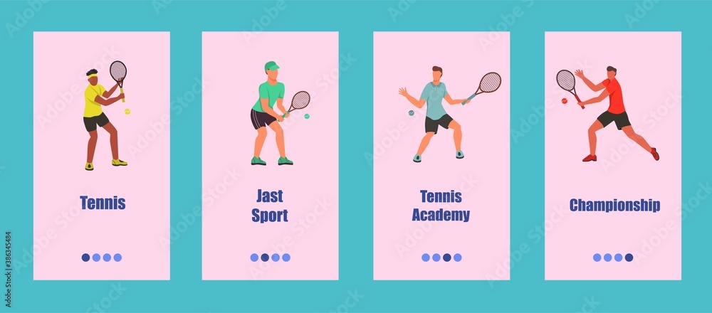 Tennis mobile app template. Young people play tennis. Concept of a tennis school, competition, or championship. Flat vector illustration.