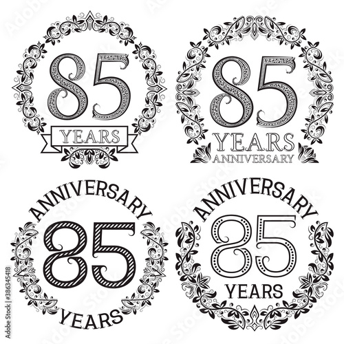 Eighty fifth anniversary emblems set. Patterned celebration signs in vintage style.