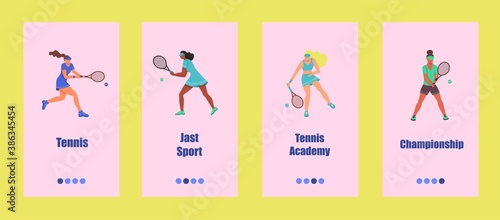 Tennis mobile app template. Young people play tennis. Concept of a tennis school  competition  or championship. Flat vector illustration.
