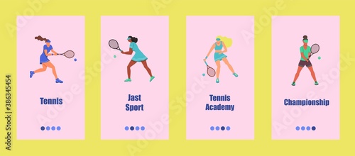 Tennis mobile app template. Young people play tennis. Concept of a tennis school, competition, or championship. Flat vector illustration.