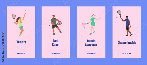 Tennis mobile app template. Young people play tennis. Concept of a tennis school, competition, or championship. Flat vector illustration.