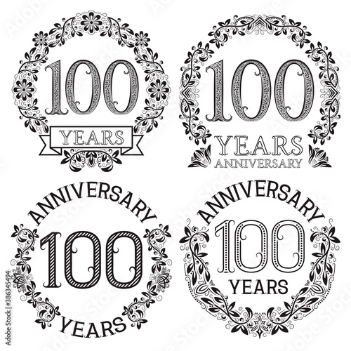 Hundredth anniversary emblems set. Patterned celebration signs in vintage style.