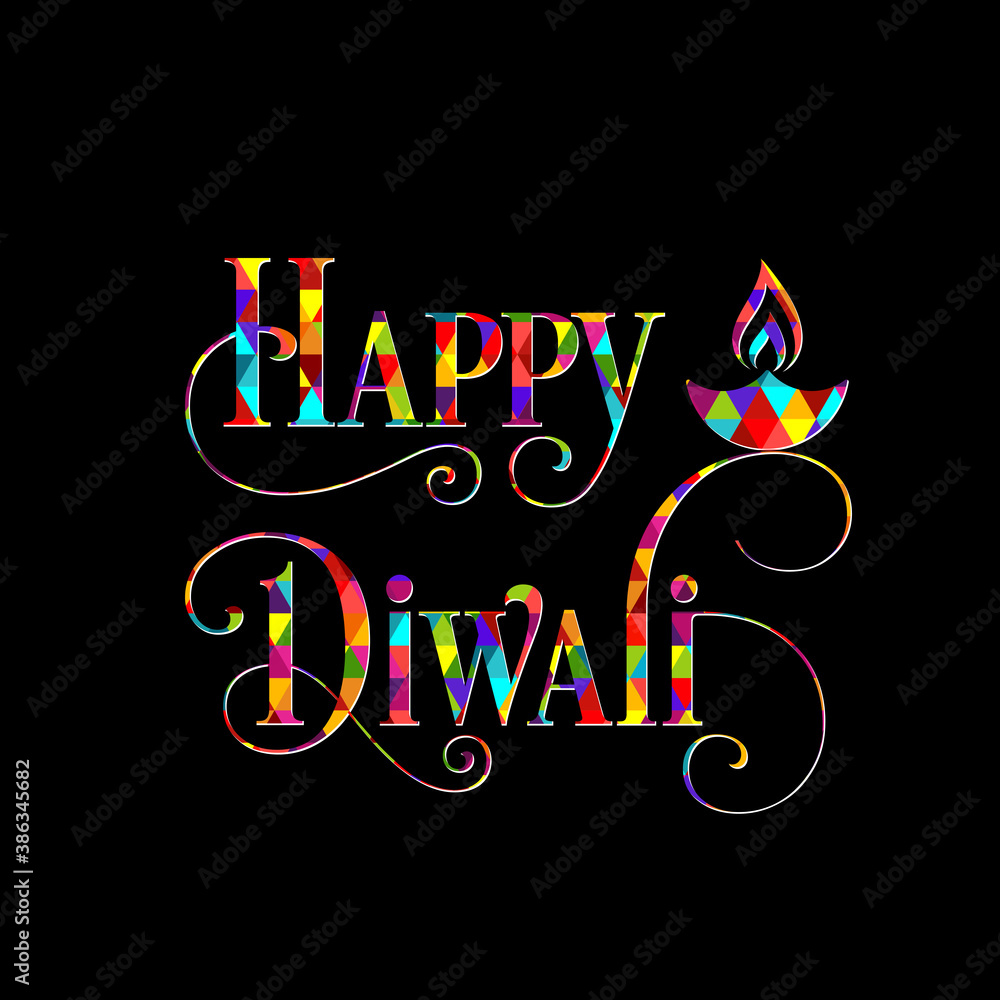 Happy Diwali greeting card with intricate calligraphy and illuminated Diwali lamp.