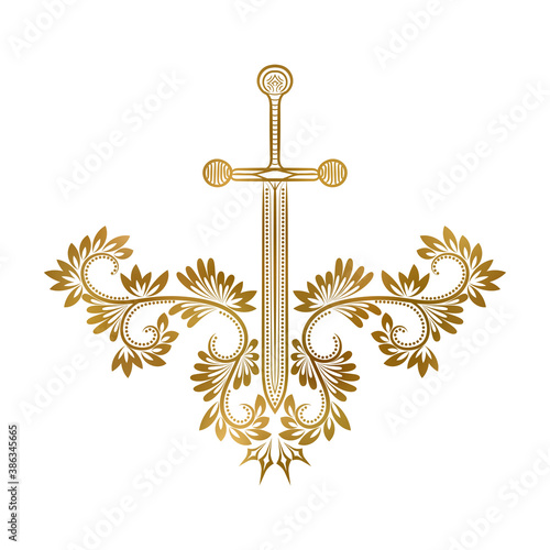 Patterned sword with floral decoration. Medieval coat of arms in tribal totem style.