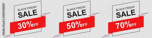 Black friday frame on transparent background. Isolated discount special offer in black and red. Best price label with editable text. Clearance promotion poster. 70 percent off. Vector EPS 10.