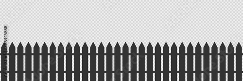 Wooden fence on transparent background. Isolated garden barrier in black color. Simple illustration of farm fence banner. Rustic wall. Vector EPS 10.