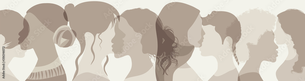 Monochrome side silhouette group multiethnic diversity women and girl who talk.Women social network community.Face head.Communication and sharing female friendship and of diverse culture
