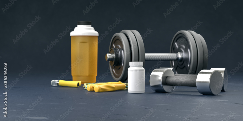 Supplement and gym and fitness workout equipment. Sport lifting bodybuilding concept with vitamins background. Body supplements copy space black  template. 3d rendering. - obrazy, fototapety, plakaty 
