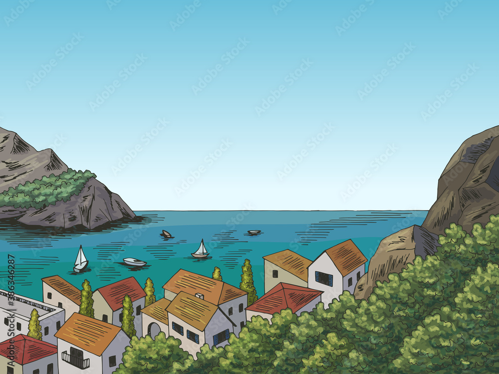 Town sea graphic color bay landscape sketch illustration vector 