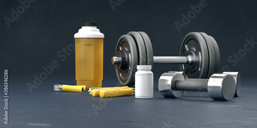 Supplement and gym and fitness workout equipment. Sport lifting bodybuilding concept with vitamins background. Body supplements copy space black  template. 3d rendering.