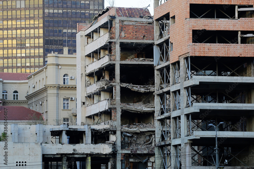 Ruins of the ex Yugoslav Ministry of Defense headquarters is still be seen in the city of Belgrade, Serbia. The building was damaged during the NATO bombing of Yugoslavia in 1999.