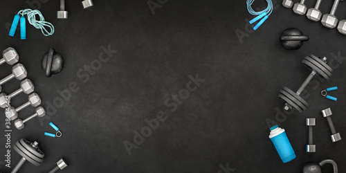 Gym and fitness workout equipment. Sport lifting bodybuilding concept background. Motivation copy space black  template. 3d rendering.