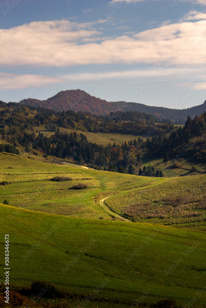 Autumn valley in Pieniny Mountains. View of mount Wysoka.