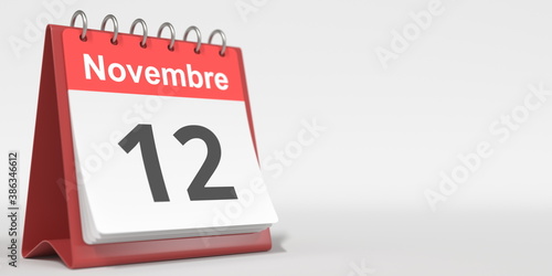 November 12 date written in French on the flip calendar page, 3d rendering