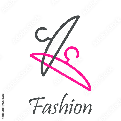 Tienda de ropa. Logotipo lineal texto Fashion con percha gris y percha rosa	enlazadas