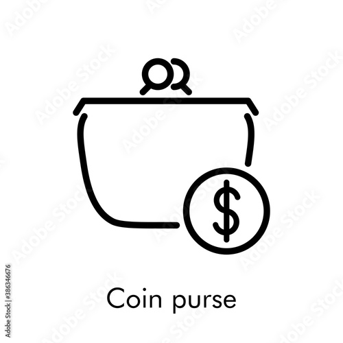 Icono lineal con texto Coin purse con monedero con símbolo de dólar en círculo en color negro