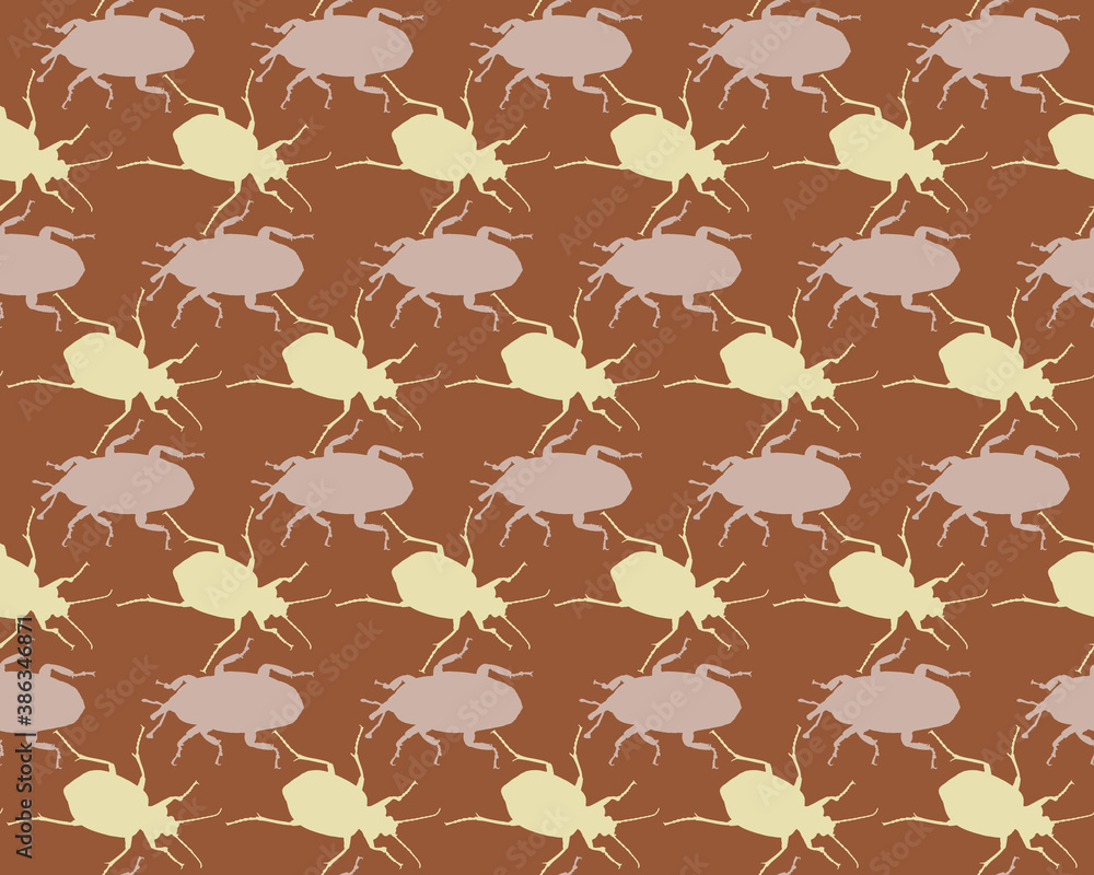Seamless pattern with bugs. Endless background with beetles. Vector silhouette illustration.
