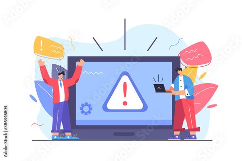 Two guys collided with warning triangle pop up sign, sign on big laptop isolated on white background, flat vector illustration