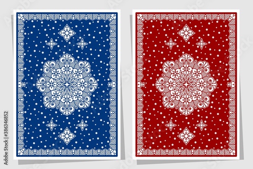 Playing card back side design. Set of two variants, blue and red.
