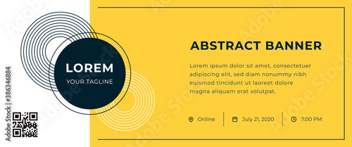 Abstract banner with logo and contact information on yellow background. Vector template for webinar, conference, e-mail, flyer, meetup, party, event, web header