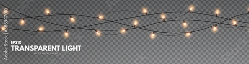 Light garland on transparent background. Shining Christmas lights