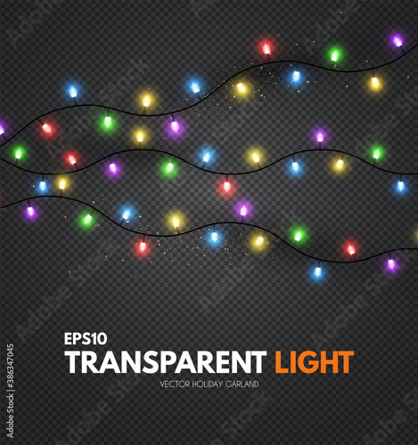 Colorful light garland on transparent background. Shining Christmas lights