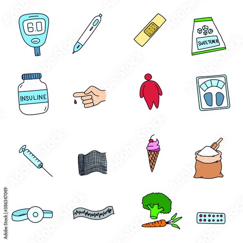 Doodle diabetes illustration style, set in icon compilation. Ready to use for print, website.