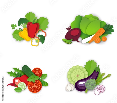 Fresh organic vegetables composition set, vector isolated illustration. Paper cut red pepper, tomato, carrot, eggplant zucchini artichoke cucumber. Healthy vegetarian food. Packaging labels, stickers.