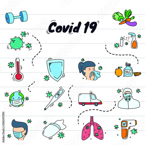 Doodle covid19 illustration style, set in icon compilation colorful with paper background. Ready to use for print, website. photo