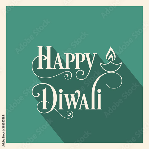 Happy Diwali greeting card with intricate calligraphy and illuminated Diwali lamp.