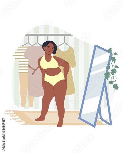 Obesity and weight problems. Sad overweight woman in underwear looking at herself in the mirror, flat vector illustration. Unhealthy eating and lifestyle. Dysmorphophobia.