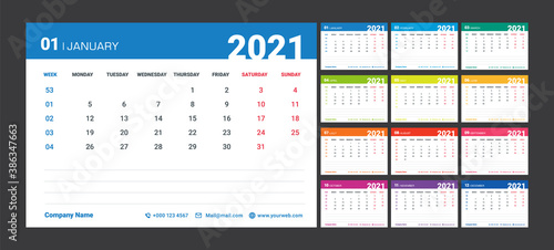 2021 Weekly Planning Calendar. Colorful set. Calendar with week numbers. Week Starts on Monday. Planner diary in a minimalist style. Template design with Place for web, phone and Company Logo.