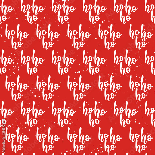 Red seamless pattern with white Ho Ho Ho words. Santa laughing - funny hand drawn doodle, seamless pattern. Lettering poster or t-shirt textile graphic design. / wallpaper, wrapping paper, background.