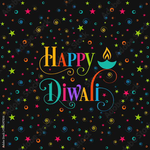 Happy Diwali greeting card with intricate calligraphy and illuminated Diwali lamp.