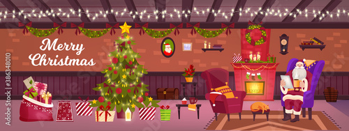 Christmas living room vector interior with Santa Claus, decorated x-mas tree, gift boxes, chimney. Winter holiday indoor background with fireplace, armchair, bag, presents. Christmas room banner