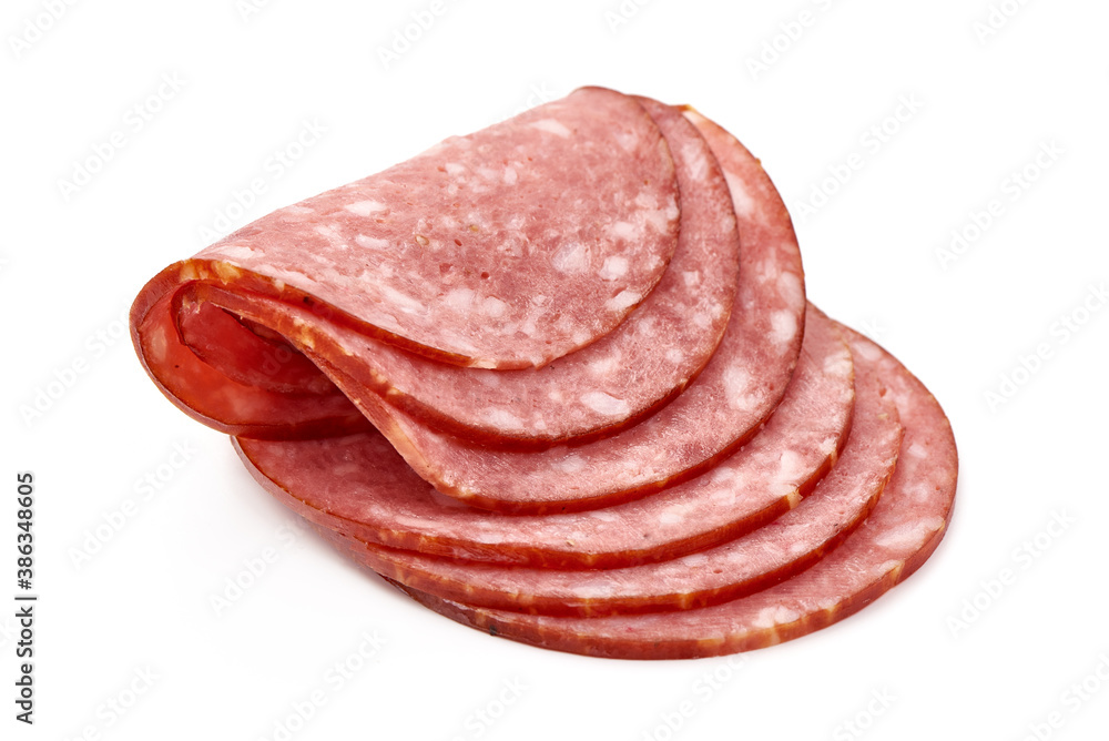 Sliced salami smoked sausage, isolated on white background Sliced salami smoked sausage, isolated on white background