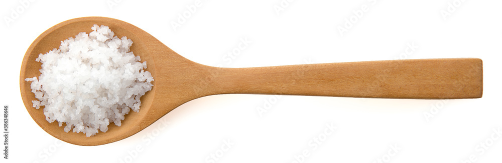 sugar in wood spoon on white background