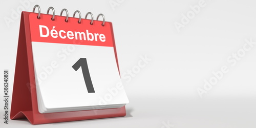 December 1 date written in French on the flip calendar page, 3d rendering