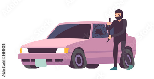 Car theft. Robbery banditry looting, take apart car, crime damage, destruction of another property, burglar remove wheels from vehicle, breaking into auto vector insurance flat concept