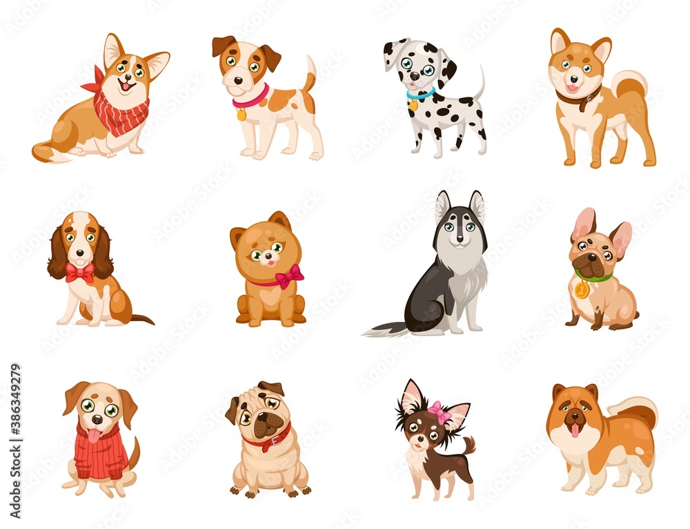 Funny dogs. Cute cartoon puppies different dog breeds set, corgi and husky, dalmatian and toy terrier, cute beagle, bulldog and jack russell. Domestic pet flat vector isolated collection