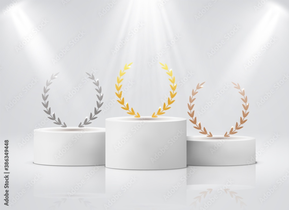 Winner pedestal with laurel. White cylinder podiums under spotlights ...