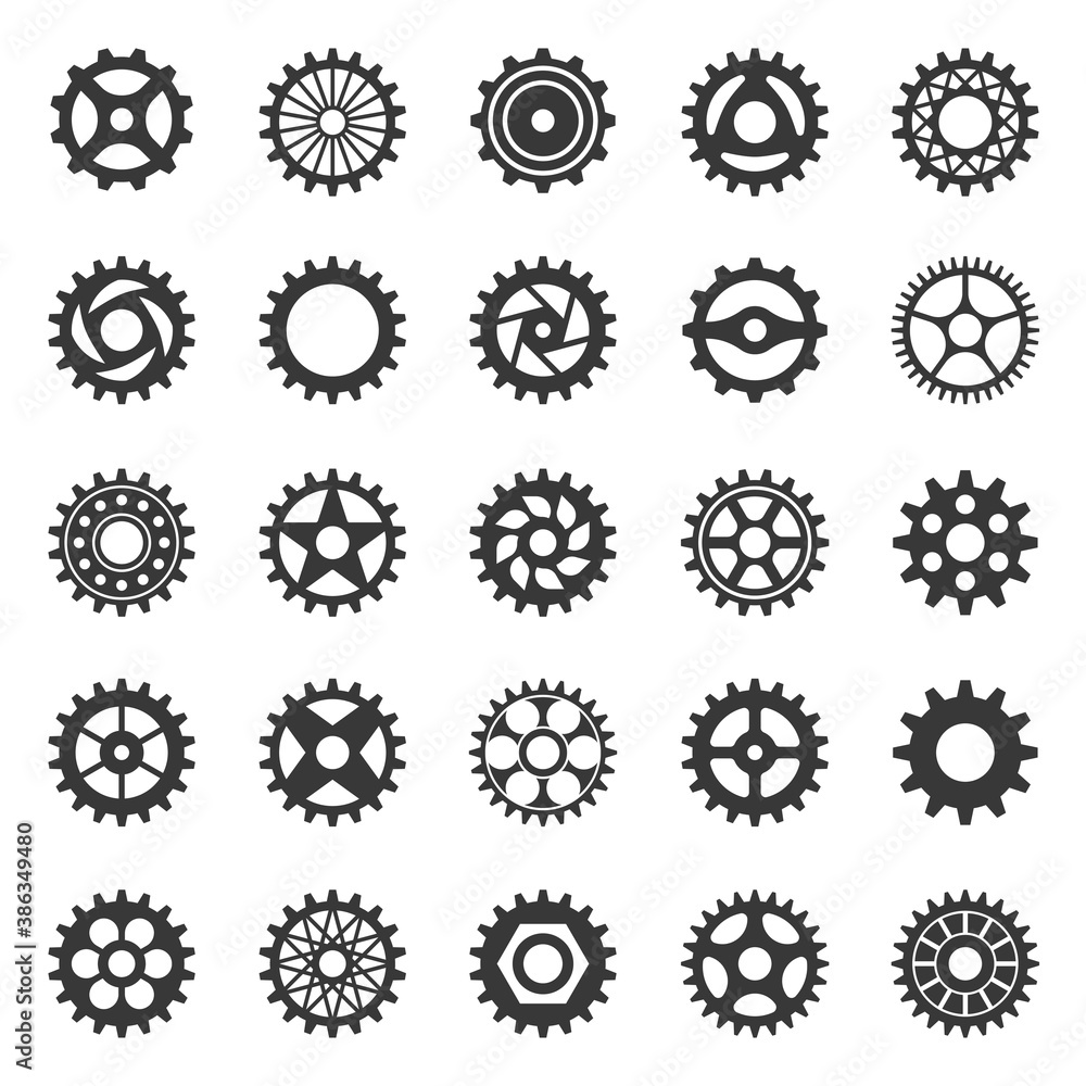 Gears. Transmission cogwheel movement black silhouette collection, connecting mechanism cog system set, mechanical engine structure component app circle button graphic vector icons Gears. Transmission cogwheel movement black silhouette collection, connecting mechanism cog system set, mechanical engine structure component app circle button graphic vector icons